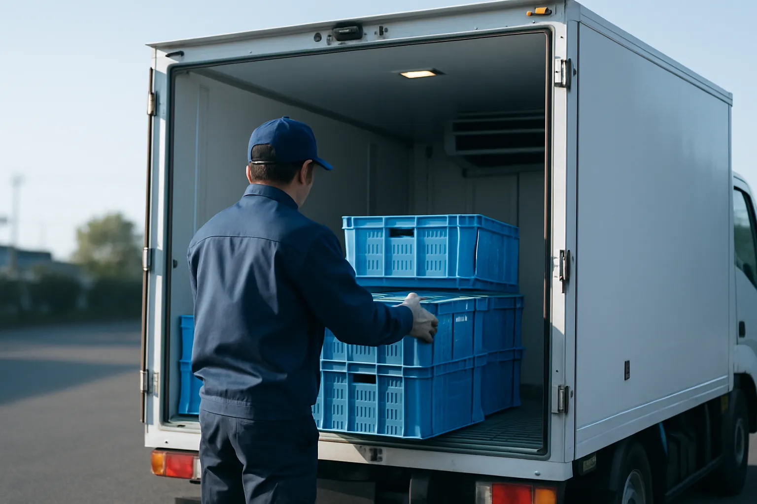 食品配送トラックに荷を積み込む作業者
