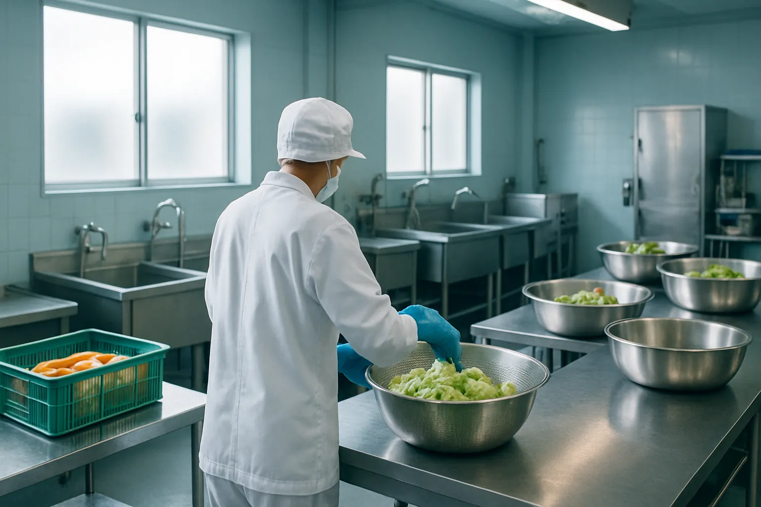 給食工場で食材を仕込む作業者