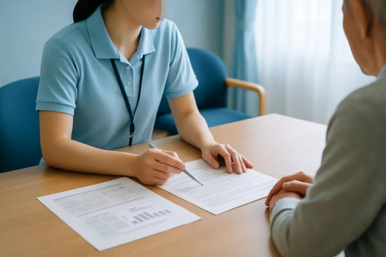介護施設の相談室で書類を広げる手元
