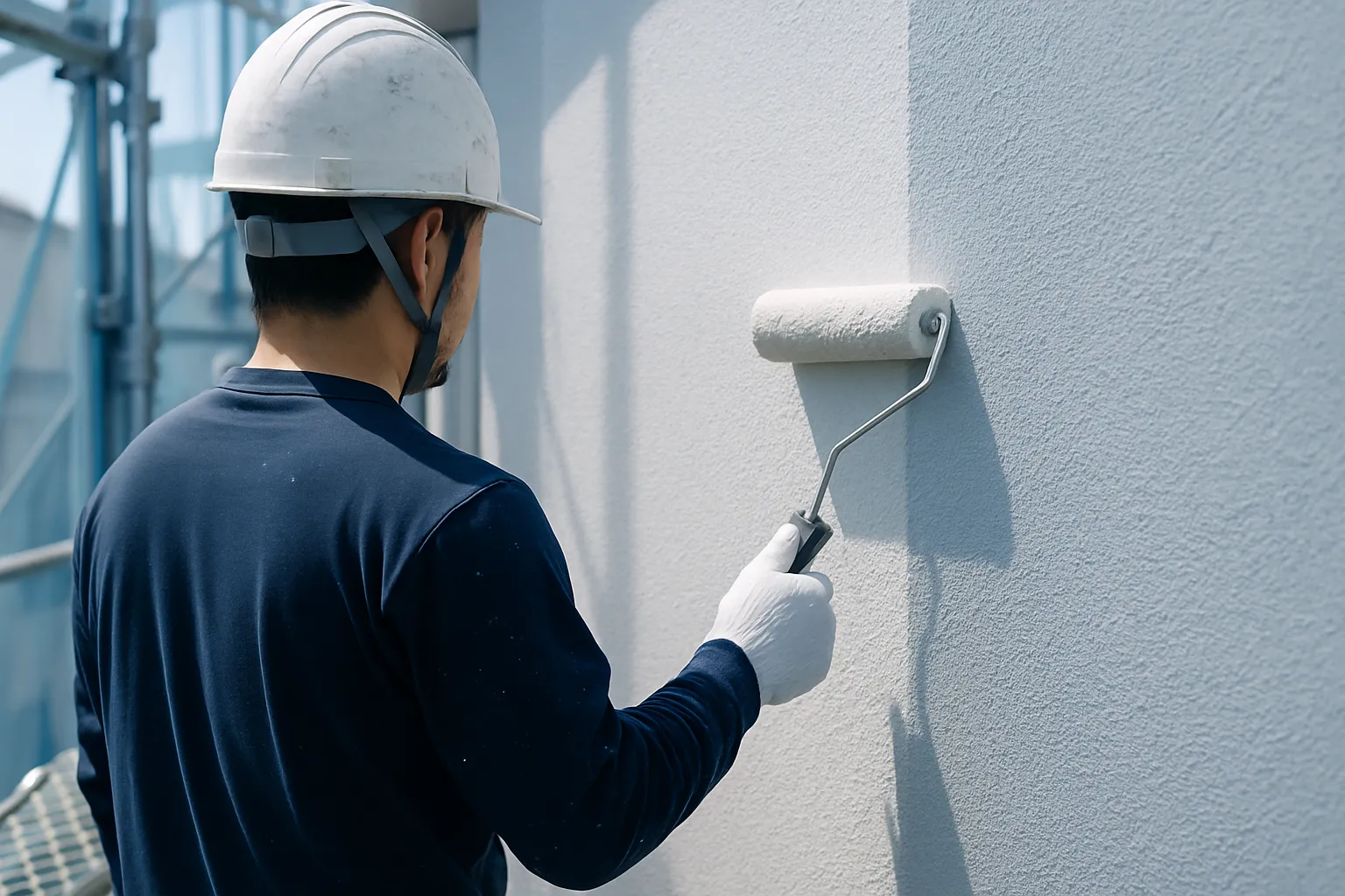 外壁にローラーを当てる塗装職人の手元